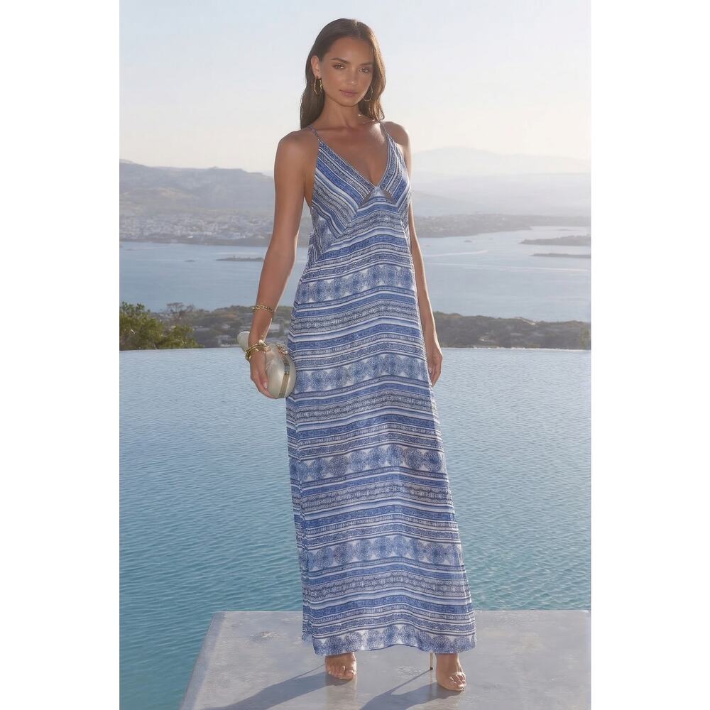 Blue and White Printed Silk Strappy Midi Gown with Splits Tacked Bodice | Large